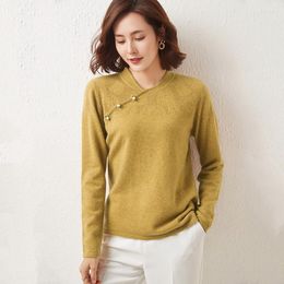 Women's Sweaters Autumn And Winter Pure Wool Sweater V-neck Cheongsam Knit Pullover Thick Warm Cashmere Bottoming Hollow Top