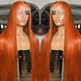 13x4 Ginger Orange Remy 13x6 Bone Straight Frontal Wig 36 Inch HD Transparent Lace Front Human Hair Wigs for Women