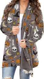 Women's Halloween Cat Pumpkin Cardigan Long Sleeve Open Front Knit Outwear Coat Plus Size Knitting Sweater Top