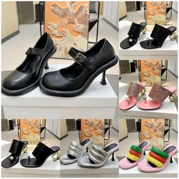 Bumper-Tube Leather Mules Slides Designer Leather Embellished Chain Heel Sandals Women Black Withe Ladies Sexy Letter Beach High Heel Shoe