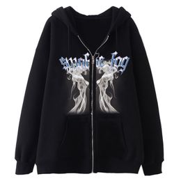 WoGothic Graphic Print Jackets Women Y2K Zip Up Hoodies Streetwear Sweatshirts Hip Hop Tops Loose Harajuku Casual Coats 230828