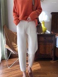 Women's Pants Women Cashmere Blended Knit Patch Pocket Lady Elastic High Waist Ankle-Length Tapered Trousers Autumn Winter 2023