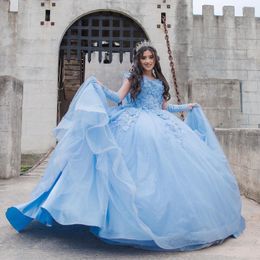Sky Blue Bling Sequin Sweet 16 Quinceanera Dresses with 3D Applique Beads With Cape Corset Dress Vestidos De 15 Anos xv Dress