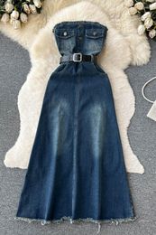 Casual Dresses 2023 Summer Vintage Solid Colour Bra Denim Dress Femme Waist Drawn Shows Thin Vestido Fringe Fur Edge Spicy Long Robes