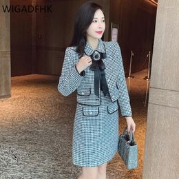 Work Dresses Women's Runway Tweed Wool Two-piece Sweet Diamond Bow Tie Single-breasted Short Jacket Chic Skirt Suit 2023 Autumn And Winter