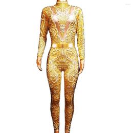 Stage Wear Gold Rhinestones Pattern Printing Pearl Tights Jumpsuit Long Sleeve Backless Bodycon Ladies Nightclub Performance Dance Costume