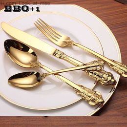 4-24pcs Luxury Golden Cutlery Vintage Tableware Gold Plated Wedding Dinnerware Stainless Steel Dining Knife Fork Spoon Teaspoon Q230829