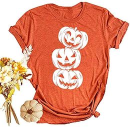 Womens Fall Pumpkin T-Shirts Funny Short Sleeve Halloween Graphic Tees Tops