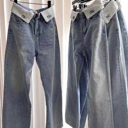 Женские джинсы, прямые брюки с низкой посадкой, Miu Roll Waist, дизайнерские брюки с буквенной вышивкой, женские свободные брюки, тонкие и прикрывают бедра