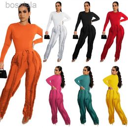 Designer Womens Tassel tracksuits 2023 Fall Clothes Ladies Long Sleeve Bodysuit Jumpsuit Top And Drawstring Trousers Matching Outfits