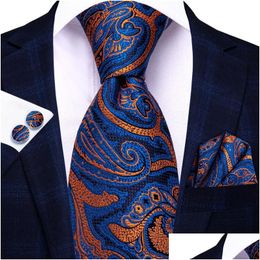 Bow Ties Hi-Tie Blue Orange Paisley Silk Tie For Men Handky Cufflink Set Fashion Designer Gift Necktie Business Party Drop Delivery Ac Dhjbp