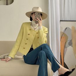 Womens Jackets French Temperament Small Fragrant Women Coat Long Sleeve O Neck Yellow Short Tops Autumn Doublebreasted Female Jacket 230828