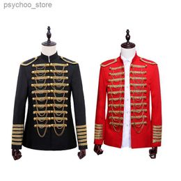 Standing Collar Metal Chain Personality Men Suit Blazer Jacket Palace Style Gala Party Stage Show Come Military Uniform Coat Q230828