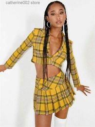 Two Piece Dress hirigin Fashion Women Plaid 2 Piece Set Long Sleeve Jacket Crop Tops Mini Skirt Suit Sexy Ladies Outfits Sets Streetwear T230828