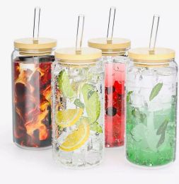 USA CA warehouse 16oz clear water cold boba coffee drinking frosted beer jar cup glass with bamboo lid and straw 50pcs/carton