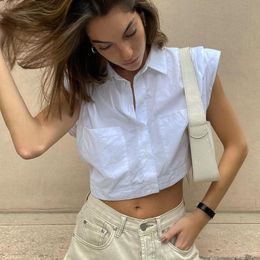 Pants Rimocy 2022 New White Lapel Cropped Shirts Women Fashion Pockets Button Up Crop Tops Woman Summer Short Sleeve Y2k Clothes Mujer