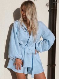 Women's Tracksuits Loose Cotton Linen Shirts Suit Long Sleeve Commuter Shirt And Wide Leg Short Two Piece Set For Women Summer