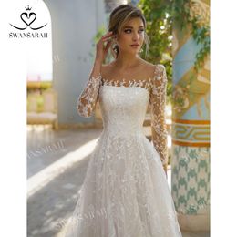 Urban Sexy Dresses Long Sleeve Wedding Dress 2023 Appliques Glamorous A Line Court Train Princess Vestido De Novia SwanSarah N518 Button Bride Gown 230828