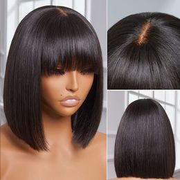 Straight with Bangs 180 % Density Brazilian Human Hair for Women hine Made Bob Wigs