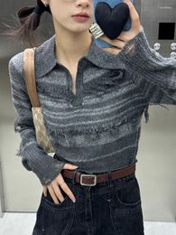 Women's Sweaters HOUZHOU Vintage Grey Striped Cropped Sweater Women Y2K Grunge Polo Collar Knit Tops Kpop Harajuku Pullover Long Sleeve