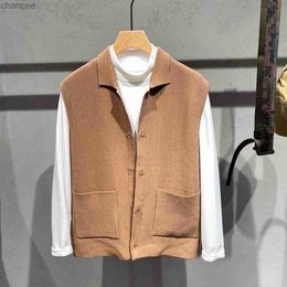 EWSFV 2021 Autumn New Arrive Mens Pure Color Simple Lapel Knitted Vest Men's Casual All-Matching Sleeveless Cardigan Vest Coat HKD230828