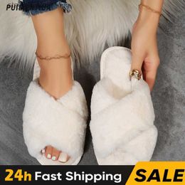 Slippers 2023 Cross Design Winter House Furry Slippers Women Fluffy Fur Home Slides Flat Indoor Floor Shoes Soft Sole Ladies Flip Flops T230824