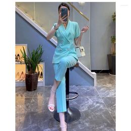 Women's Two Piece Pants UNXX Green Suits Women Short Sleeve Summer Thin High End Business Temperament Fashion Slim Blazer Office Ladies Work