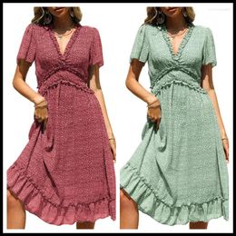 Casual Dresses Puff Sleeve Lace Joint Long For Women Vintage Print Flowers Dress Summer One-piece V Collar Vestidos