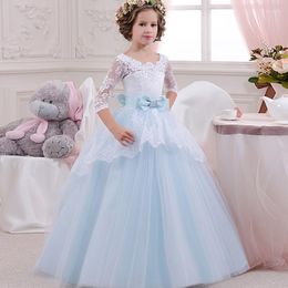 Girl Dresses Children's Wedding Dress Girls' 3/4 Sleeve Lace Performance Birthday Little Trail Princess Fluffy Long