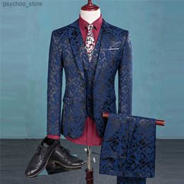 Fashion Boutique Men Leisure Business Suits Trousers Waistcoat / Male Flower Suit Blazers Jacket Coat Vest Pants 3 Pieces Sets Q230828