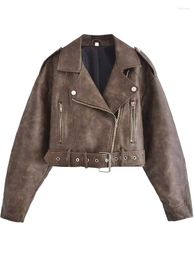 Women's Jackets Women Oversized Faux Leather Crop Jacket Coat With Belt Long Sleeve 2023 Fashion Female Outwear QN152