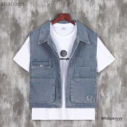 Spring Summer Sleeveless Denim Jacket Tooling Vest Men Loose Jeans Waistcoat Korean Fashion Youth Cargo Coat Multi-pocket Blue HKD230828