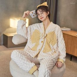 Women's Sleepwear Flannel Pajamas Set Women 2023 Autumn Winter Pijamas Coral Fleece V-Neck Suits Female Homewear Clothing