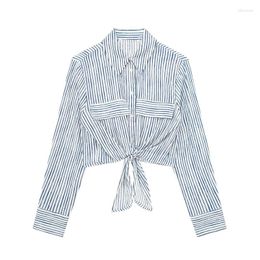 Women's Blouses 2023 Women Autumn Blouse Striped Turn-Down Collar Bow Lace-Up Long Sleeve Single-breasted Shirts