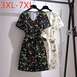 Dresses New 2021 Ladies Summer Plus Size Dresses for Women Large Short Sleeve Loose Black Floral Print Belt Dress 3xl 4xl 5xl 6xl 7xl