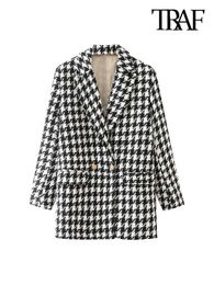 TRAF Women Fashion Houndstooth Tweed Blazer Coat Vintage Long Sleeve Flap Pockets Female Outerwear Chic Veste Femme HKD230901