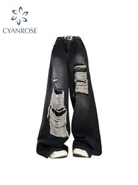 Womens Jeans Gothic Black High Waist Vintage Korean Fashion Y2k Streetwear Ripped Pants Harajuku Casual Wide Leg Denim Trousers 230828