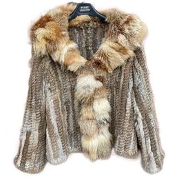 Womens Fur Faux Women Knitted Real Rabbit Coat With Fox Collar Female Long Sleeve Autumn Luxury Genuine Jacket 230828