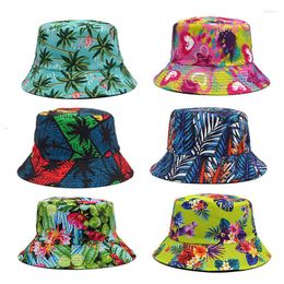 Berets 2023 Foldable Coconut Tree Flower Printed Fisherman Caps Panama Bucket Hat Men Women Hip Hop Cotton Hats Spring Summer