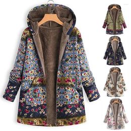 Women's Trench Coats 2023 Women Winter Floral Printed Coat Vintage Harajuku Plus Size Loose Casual Jackets Velvet Thick Warm Hooded Fashion