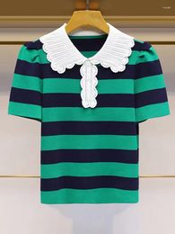 Women's Sweaters Green Striped Patchwork Knit Pullover Short Sleeve Lapel Slim Fit Elegant Ladies Tops