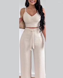 Women's Two Piece Pants Elegant Women Sexy Solid Camisole Trousers Set 2023 Summer Backless Strap V Neck Short Top Wide Leg Lady Suit