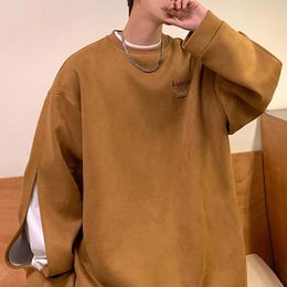 Men's Hoodies Autumn And Winter Loose Large Size Casual Round Neck Tops Fashion Long Sleeve Split Solid Colour Suede Pullover Sweatshirt