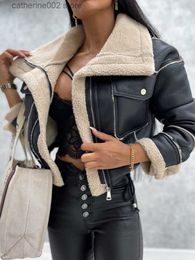 Women's Jackets hirigin Women Winter Faux Leather Jacket Long Sleeve Lapel Fleece Linen Coat Zip Up Motorcycle Jacket Warm Sherpa Coat Outwear T230828