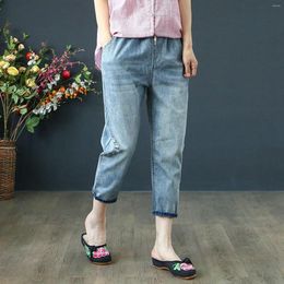 Women's Jeans Ladies Denim Trouser Elastic High Waist Cutting With Drawstring Female Casual Pant Literary Embroidery Cropped