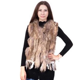 Womens Fur Faux Fashion Real Rabbit Tassel Vest Highend Women Knitted Sleeveless Vests Natural Raccoon Collar Jacket 230828