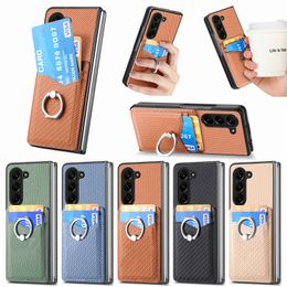 Fold5 Weave Rotateble Kickstand Ring Holder Shell For Samsung Galaxy Z Fold 5 Carbon Fibre Folding Wallet Phone Case