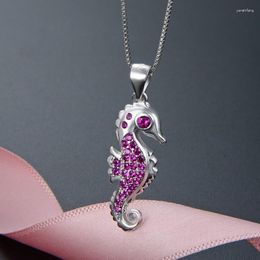 Chains Lefei Jewellery 925 Silver Fashion Trendy Luxury Diamond-set Creative Pink Sea Horse Pendant Necklace For Women Wedding Charm Gift