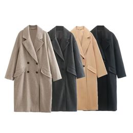 Womens Wool Blends PB ZA AutumnWinter Unisex Mid Length Double Breasted Windbreaker Woolen Coat 230828