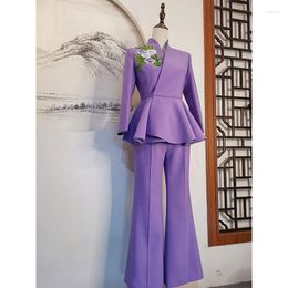 Women's Two Piece Pants High End Suit Blazers Embroidery Elegant Formal Suits 2 Pieces Sets Purple Clothing Customised Clothes